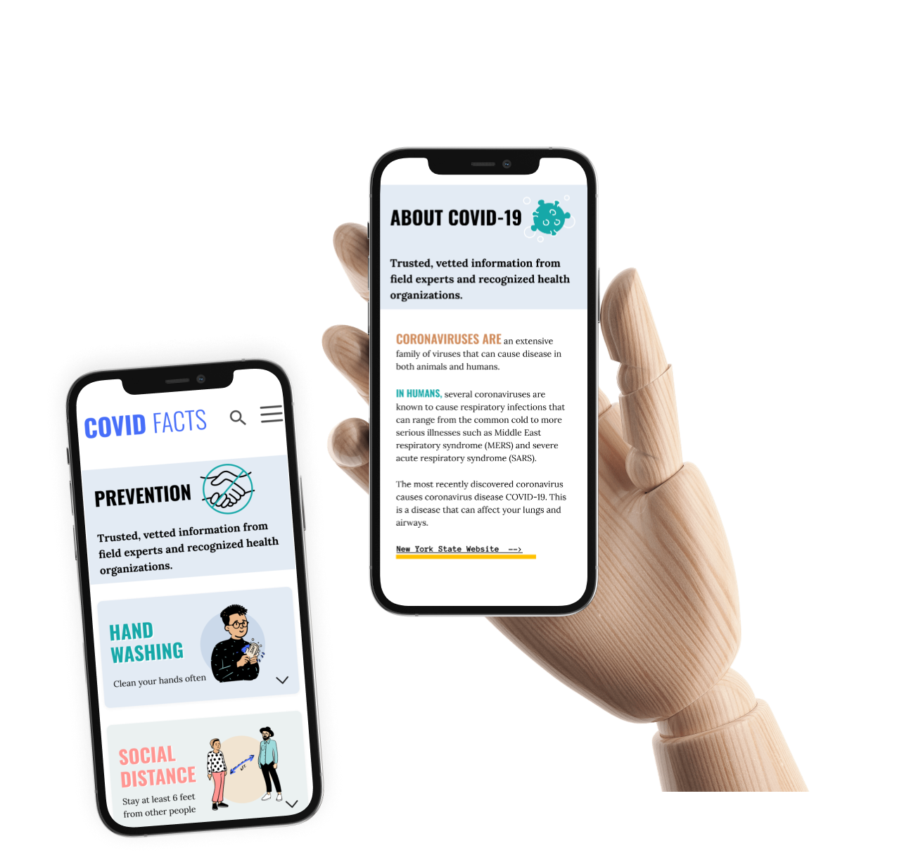 two mobile screens with information about covid on them
